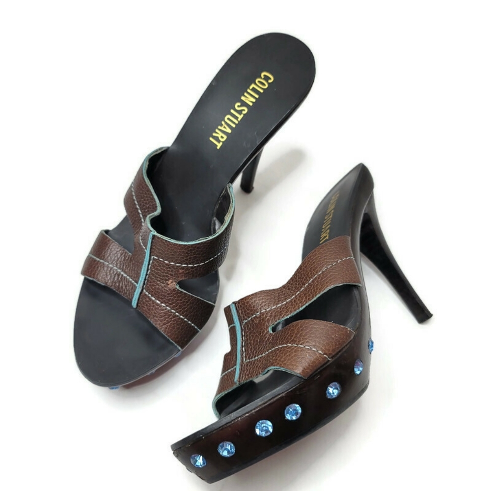 Colin stuart wooden leather platform heel sandal with blue rhinestones size 7.5